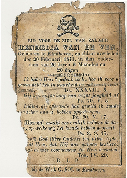 Bidprentjes Hendrica van de Ven (1816-1843)